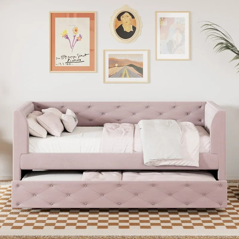 Lit de repos capitonné en velours rose/vert avec lit gigogne, deux places, pour 2 personnes