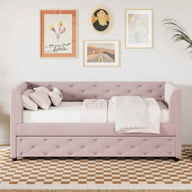 Lit de repos capitonné en velours rose/vert avec lit gigogne, deux places, pour 2 personnes