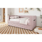 Lit de repos capitonné en velours rose/vert avec lit gigogne, deux places, pour 2 personnes