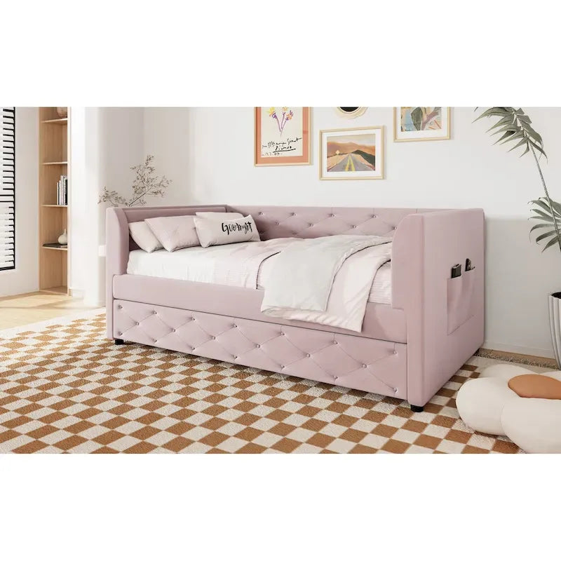Lit de repos capitonné en velours rose/vert avec lit gigogne, deux places, pour 2 personnes