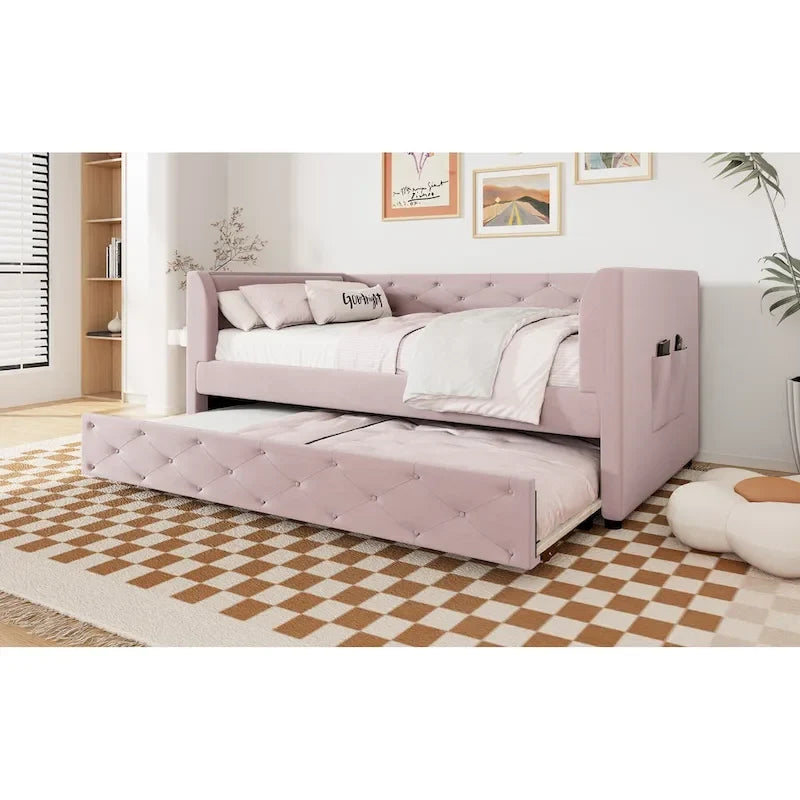 Lit de repos capitonné en velours rose/vert avec lit gigogne, deux places, pour 2 personnes