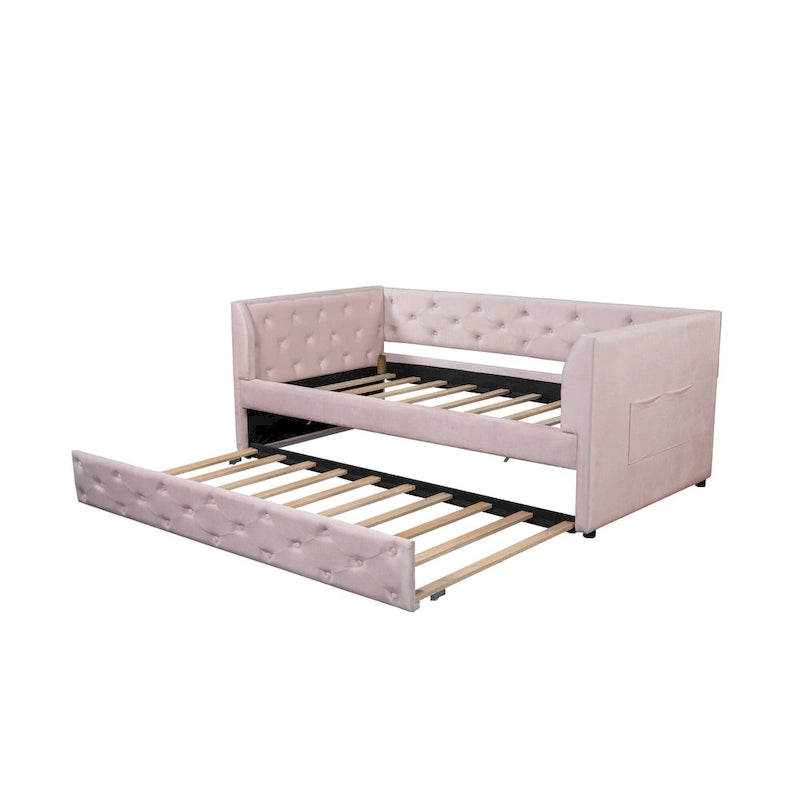 Lit de repos capitonné en velours rose/vert avec lit gigogne, deux places, pour 2 personnes