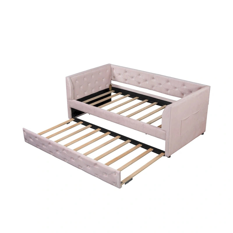 Lit de repos capitonné en velours rose/vert avec lit gigogne, deux places, pour 2 personnes