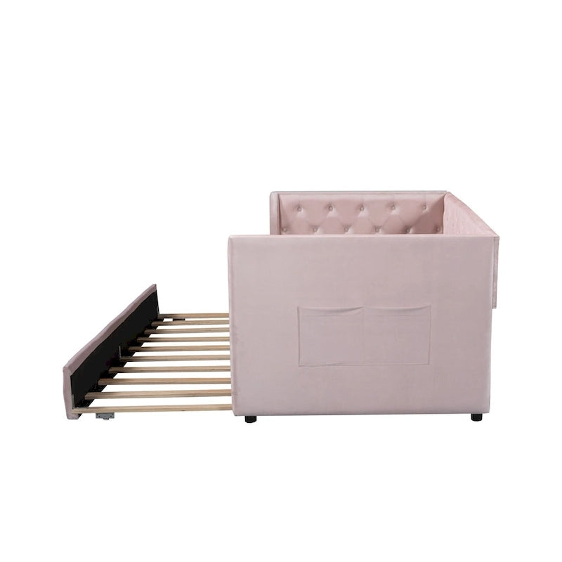 Lit de repos capitonné en velours rose/vert avec lit gigogne, deux places, pour 2 personnes