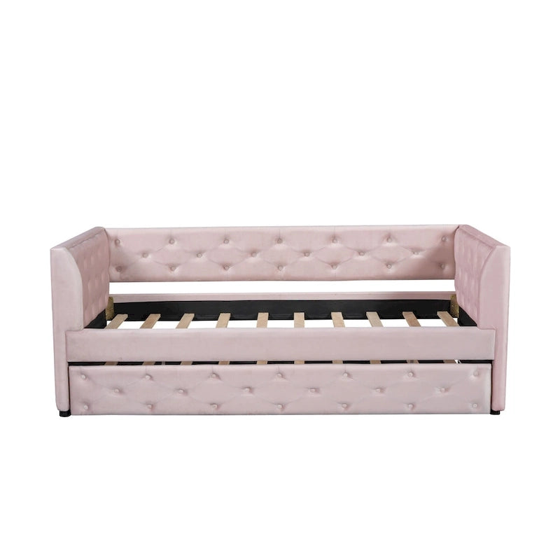 Lit de repos capitonné en velours rose/vert avec lit gigogne, deux places, pour 2 personnes