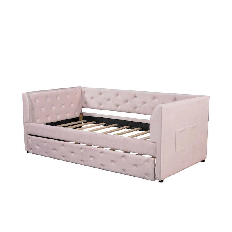 Lit de repos capitonné en velours rose/vert avec lit gigogne, deux places, pour 2 personnes