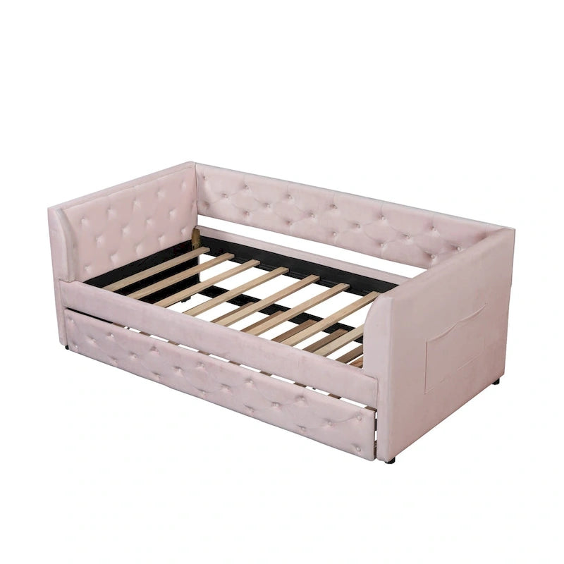 Lit de repos capitonné en velours rose/vert avec lit gigogne, deux places, pour 2 personnes