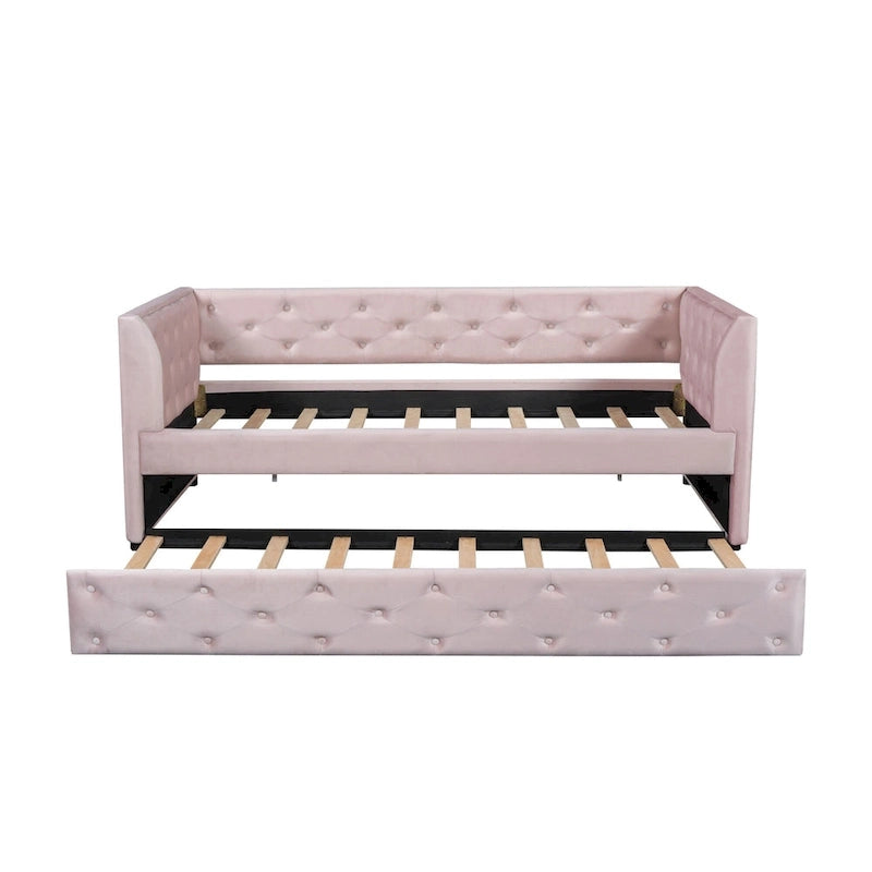 Lit de repos capitonné en velours rose/vert avec lit gigogne, deux places, pour 2 personnes