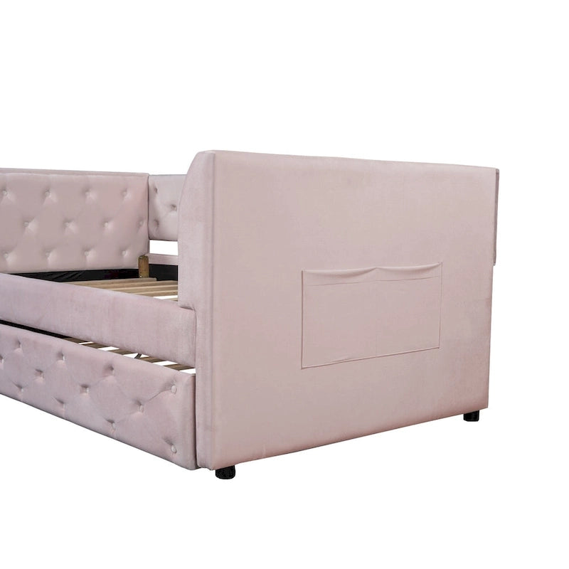 Lit de repos capitonné en velours rose/vert avec lit gigogne, deux places, pour 2 personnes