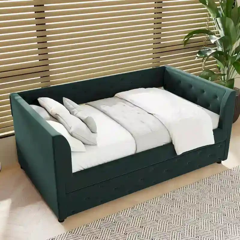 Lit de repos capitonné en velours rose/vert avec lit gigogne, deux places, pour 2 personnes
