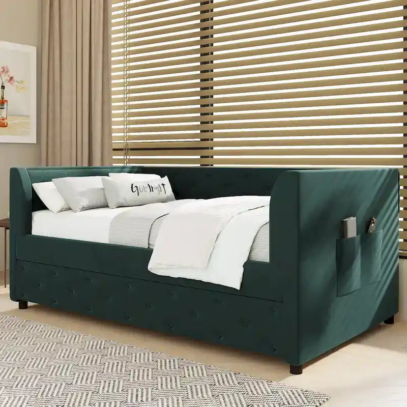 Lit de repos capitonné en velours rose/vert avec lit gigogne, deux places, pour 2 personnes