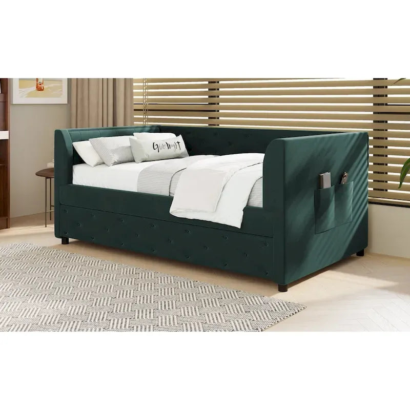 Lit de repos capitonné en velours rose/vert avec lit gigogne, deux places, pour 2 personnes