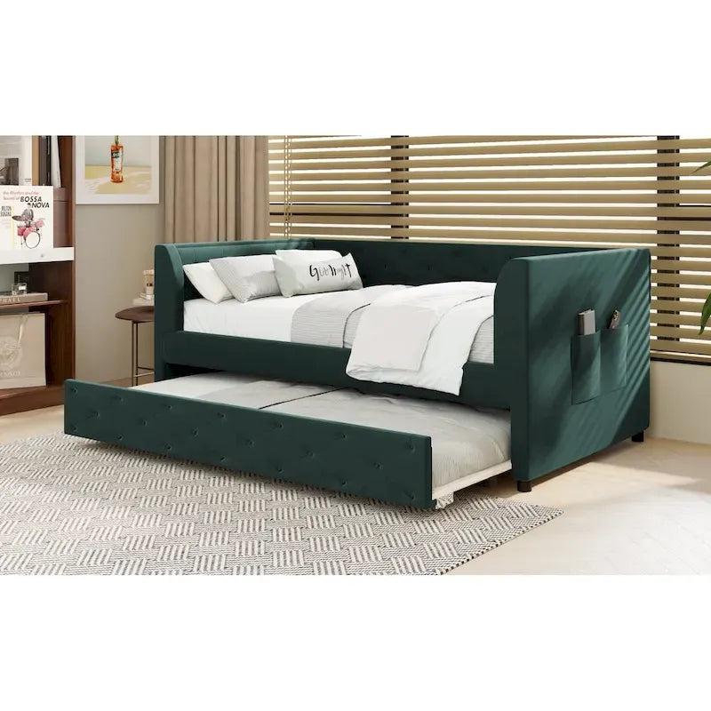 Lit de repos capitonné en velours rose/vert avec lit gigogne, deux places, pour 2 personnes
