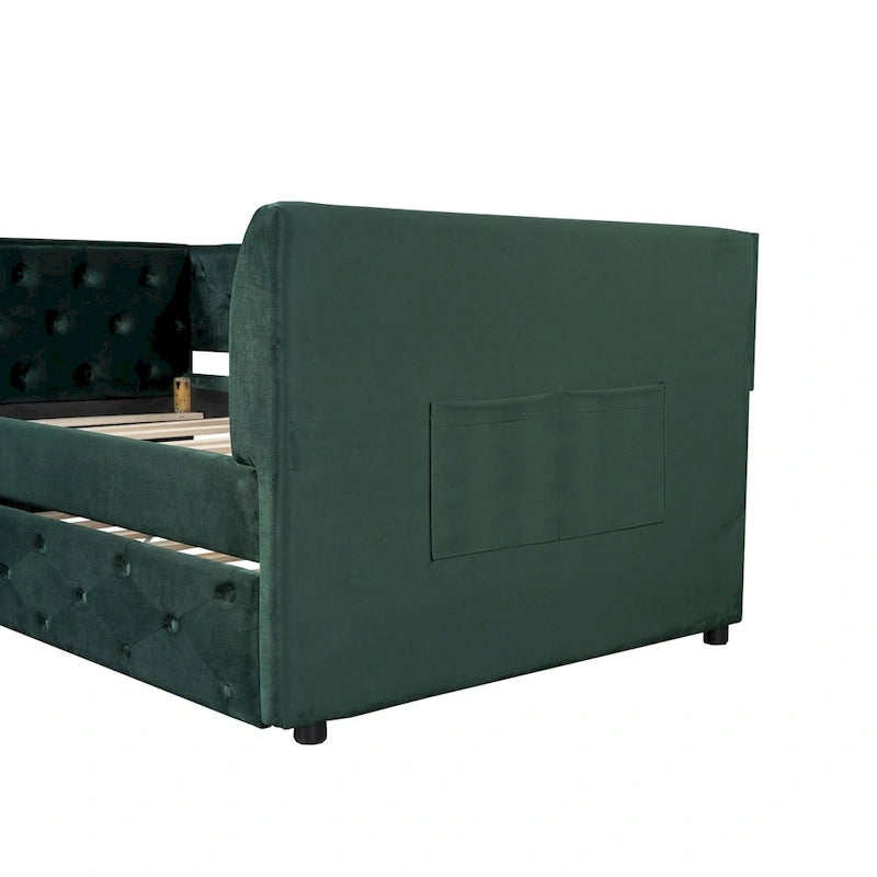 Lit de repos capitonné en velours rose/vert avec lit gigogne, deux places, pour 2 personnes