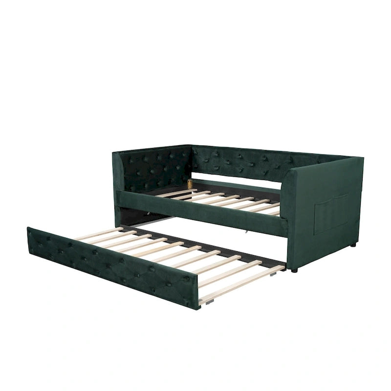 Lit de repos capitonné en velours rose/vert avec lit gigogne, deux places, pour 2 personnes