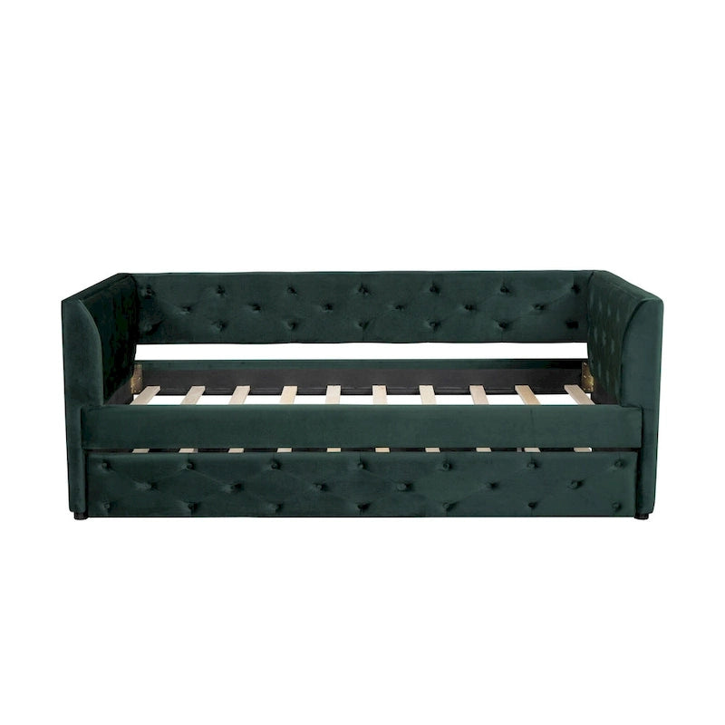 Lit de repos capitonné en velours rose/vert avec lit gigogne, deux places, pour 2 personnes