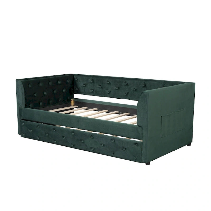 Lit de repos capitonné en velours rose/vert avec lit gigogne, deux places, pour 2 personnes