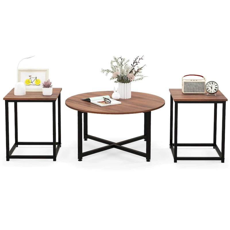 Ensemble de 3 tables basses (ronde et carrée) en noyer/blanc/gris et noir pour salon