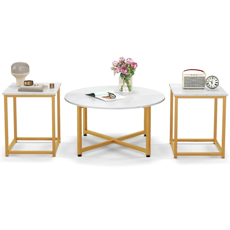 Ensemble de 3 tables basses (ronde et carrée) en noyer/blanc/gris et noir pour salon