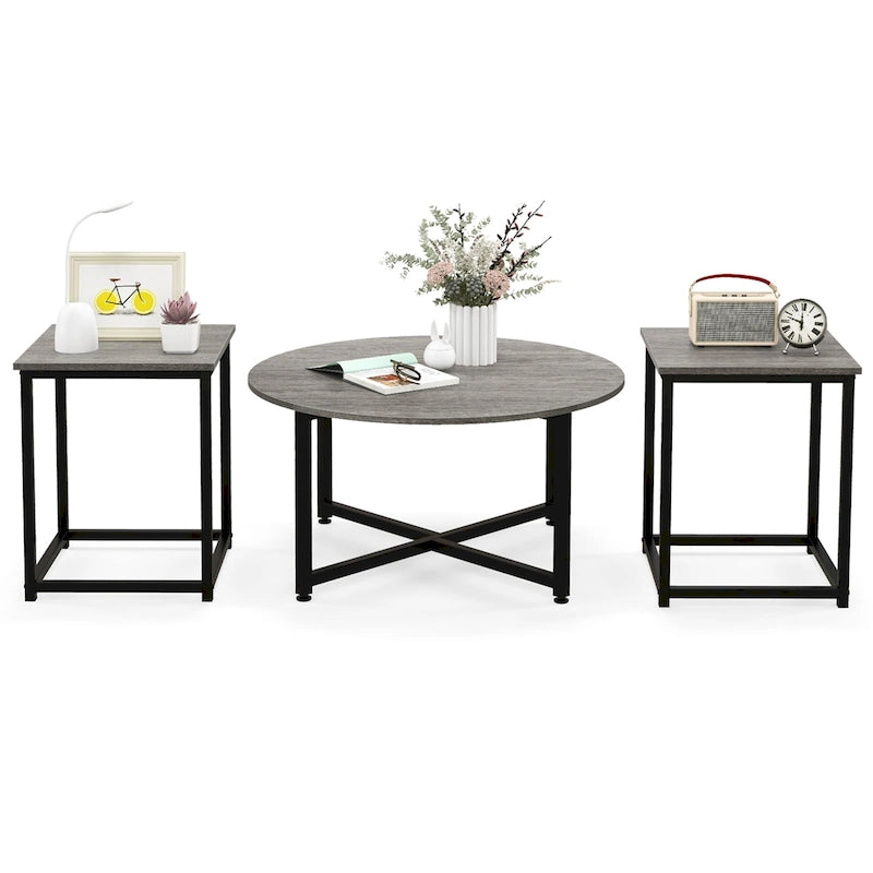 Ensemble de 3 tables basses (ronde et carrée) en noyer/blanc/gris et noir pour salon