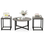 Ensemble de 3 tables basses (ronde et carrée) en noyer/blanc/gris et noir pour salon