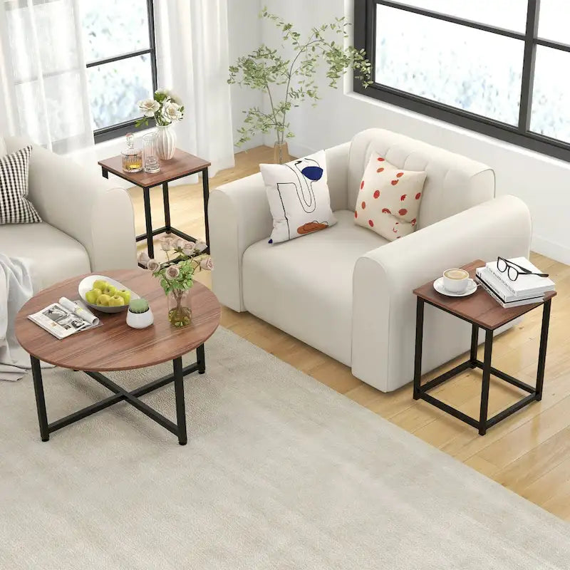 Ensemble de 3 tables basses (ronde et carrée) en noyer/blanc/gris et noir pour salon