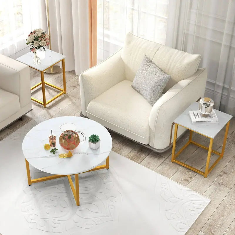 Ensemble de 3 tables basses (ronde et carrée) en noyer/blanc/gris et noir pour salon