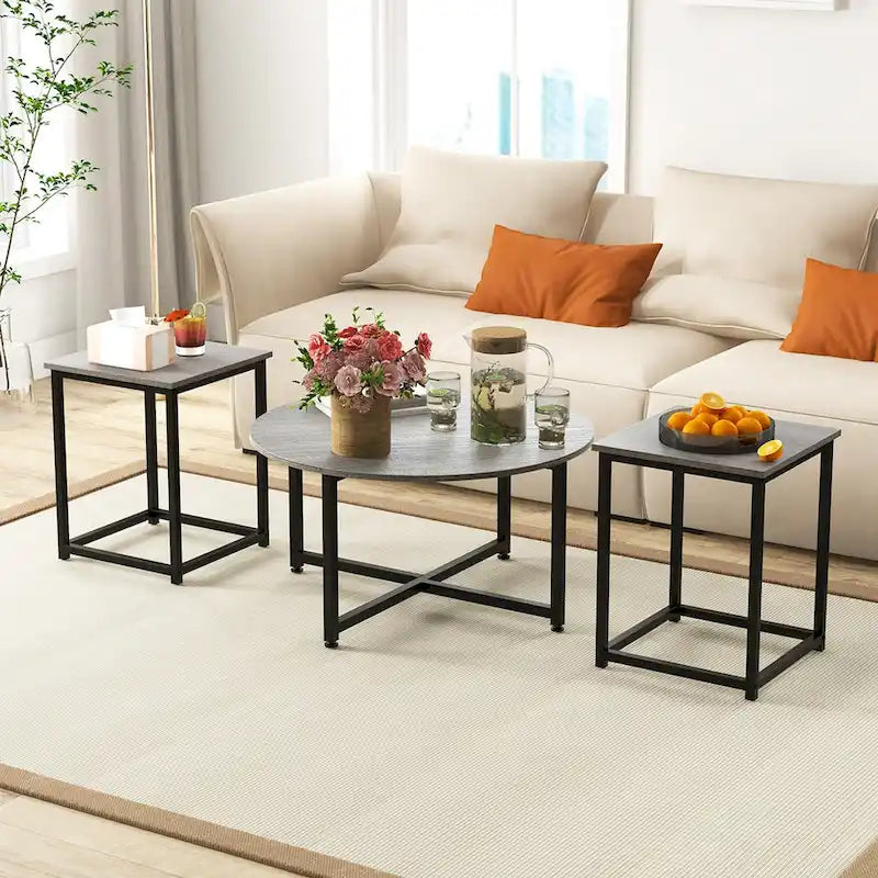 Ensemble de 3 tables basses (ronde et carrée) en noyer/blanc/gris et noir pour salon