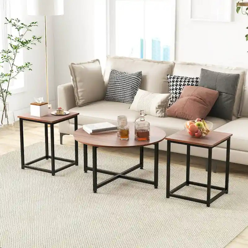 Ensemble de 3 tables basses (ronde et carrée) en noyer/blanc/gris et noir pour salon