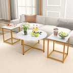 Ensemble de 3 tables basses (ronde et carrée) en noyer/blanc/gris et noir pour salon