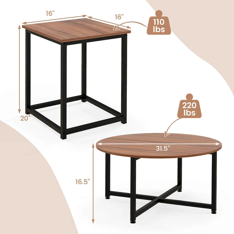 Ensemble de 3 tables basses (ronde et carrée) en noyer/blanc/gris et noir pour salon