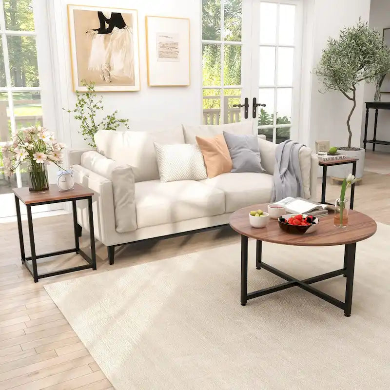 Ensemble de 3 tables basses (ronde et carrée) en noyer/blanc/gris et noir pour salon
