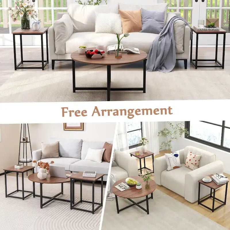 Ensemble de 3 tables basses (ronde et carrée) en noyer/blanc/gris et noir pour salon