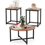 Ensemble de 3 tables basses (ronde et carrée) en noyer/blanc/gris et noir pour salon