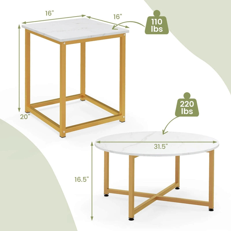 Ensemble de 3 tables basses (ronde et carrée) en noyer/blanc/gris et noir pour salon