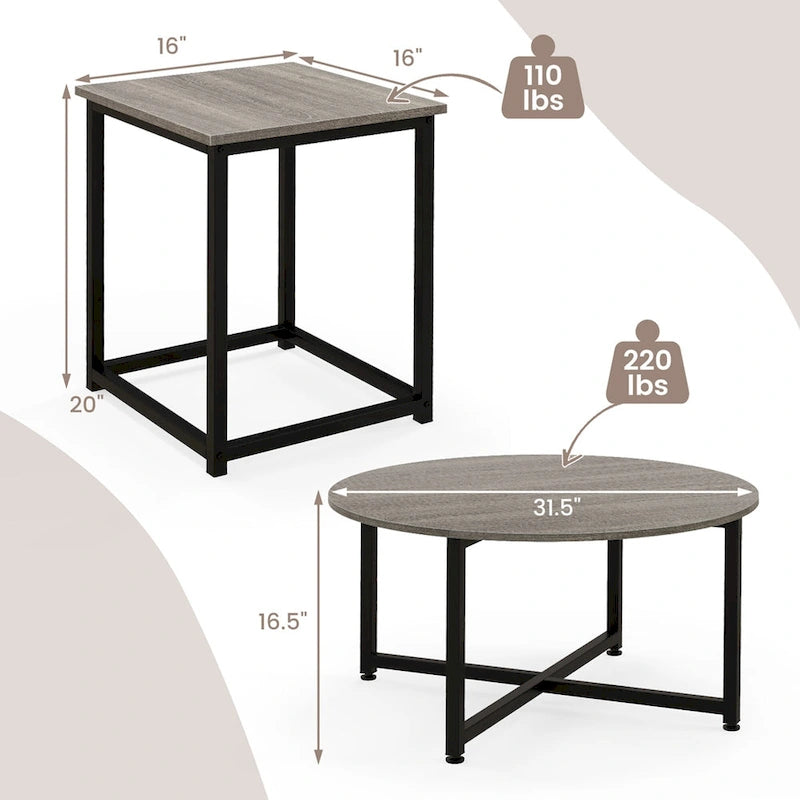 Ensemble de 3 tables basses (ronde et carrée) en noyer/blanc/gris et noir pour salon