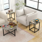 Ensemble de 3 tables basses (ronde et carrée) en noyer/blanc/gris et noir pour salon