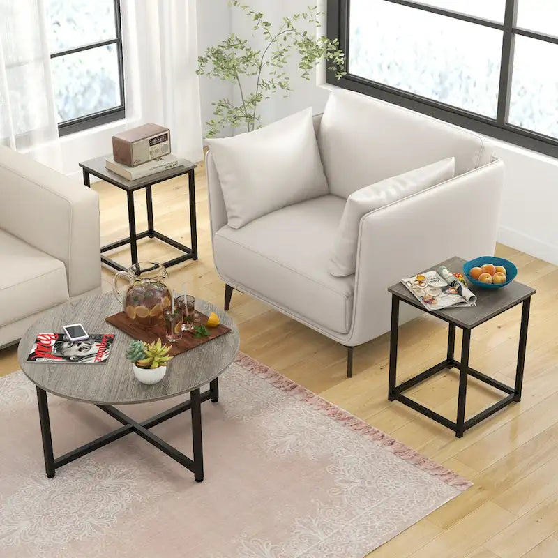 Ensemble de 3 tables basses (ronde et carrée) en noyer/blanc/gris et noir pour salon