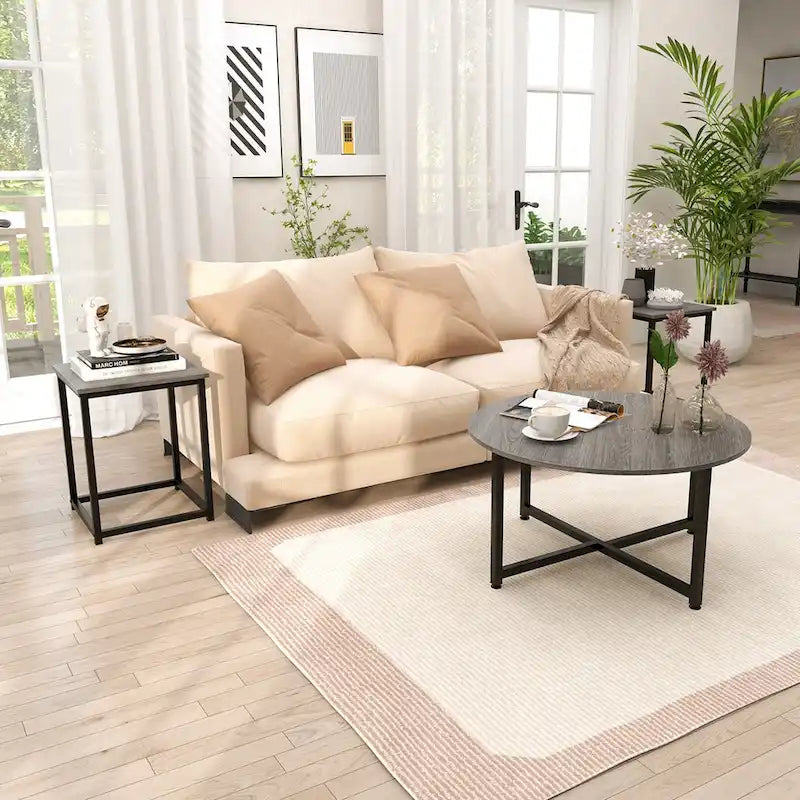 Ensemble de 3 tables basses (ronde et carrée) en noyer/blanc/gris et noir pour salon