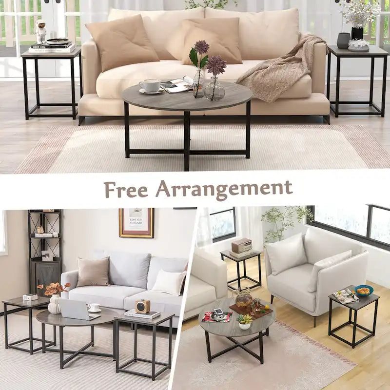 Ensemble de 3 tables basses (ronde et carrée) en noyer/blanc/gris et noir pour salon