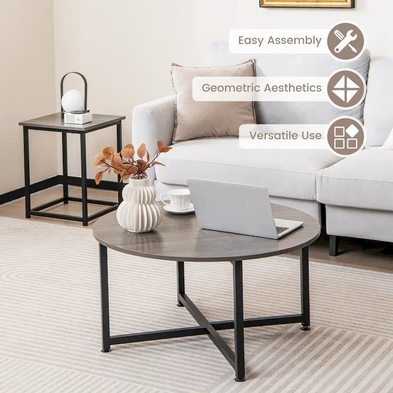 Ensemble de 3 tables basses (ronde et carrée) en noyer/blanc/gris et noir pour salon