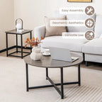 Ensemble de 3 tables basses (ronde et carrée) en noyer/blanc/gris et noir pour salon