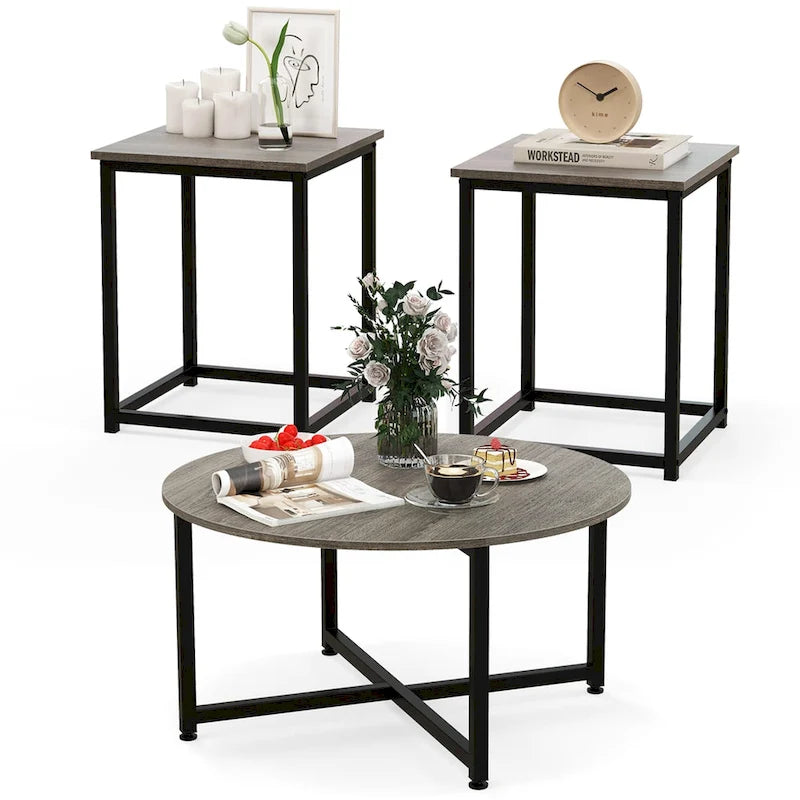 Ensemble de 3 tables basses (ronde et carrée) en noyer/blanc/gris et noir pour salon