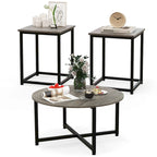 Ensemble de 3 tables basses (ronde et carrée) en noyer/blanc/gris et noir pour salon