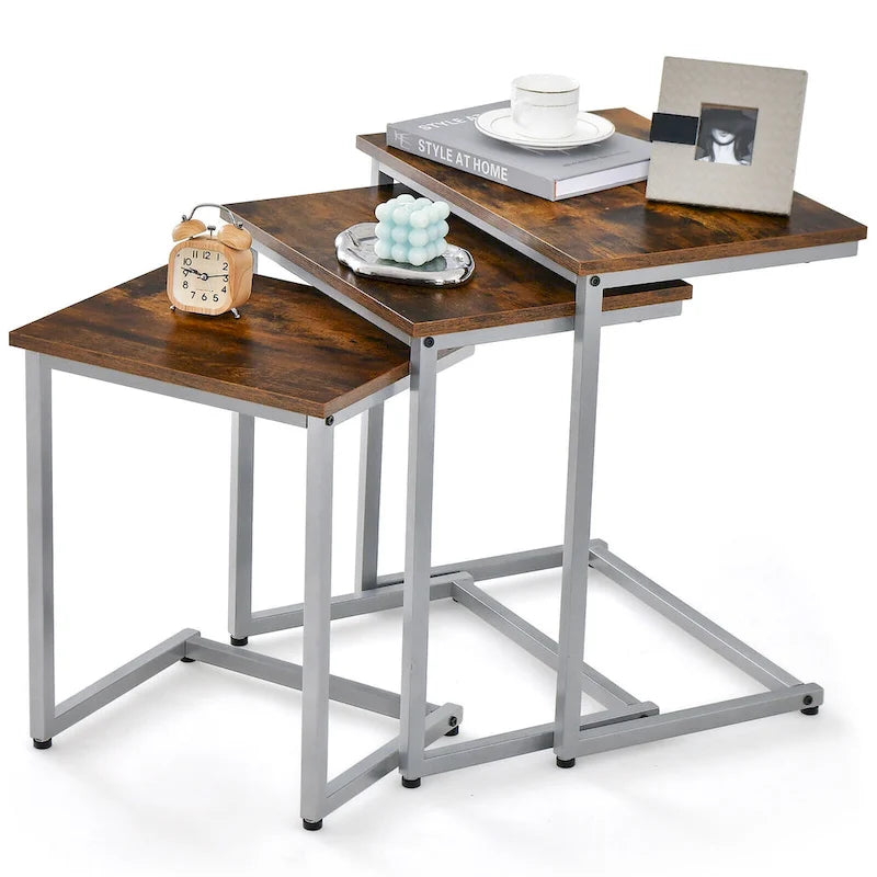 Lot de 3 tables d'appoint gigognes en forme de C, empilables, gris