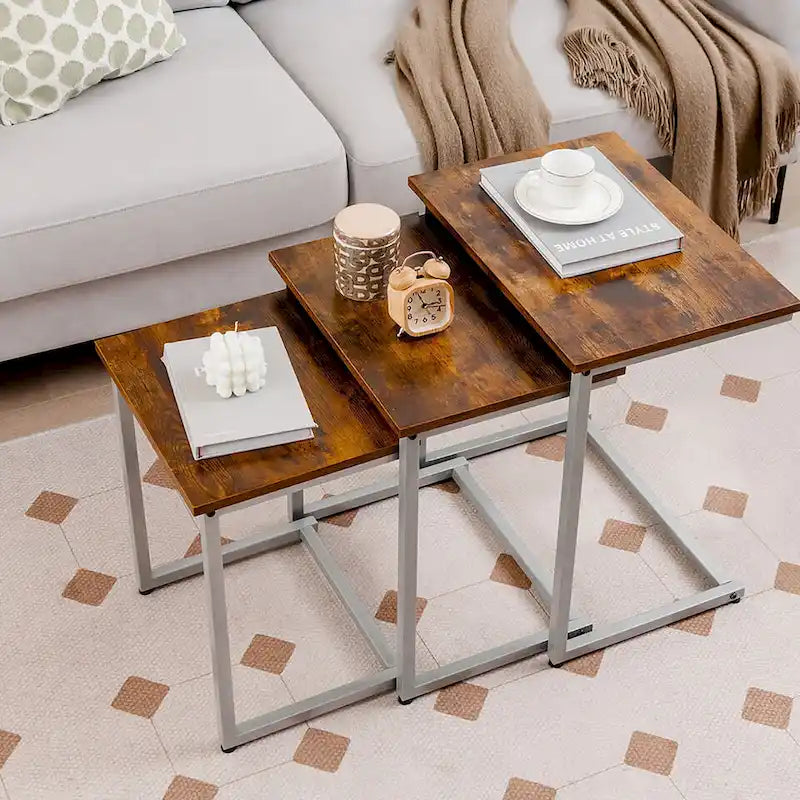 Lot de 3 tables d'appoint gigognes en forme de C, empilables, gris