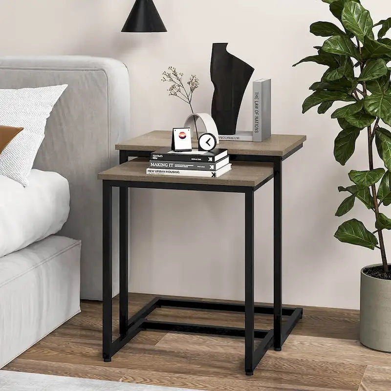 Lot de 3 tables d'appoint gigognes en forme de C, empilables, gris