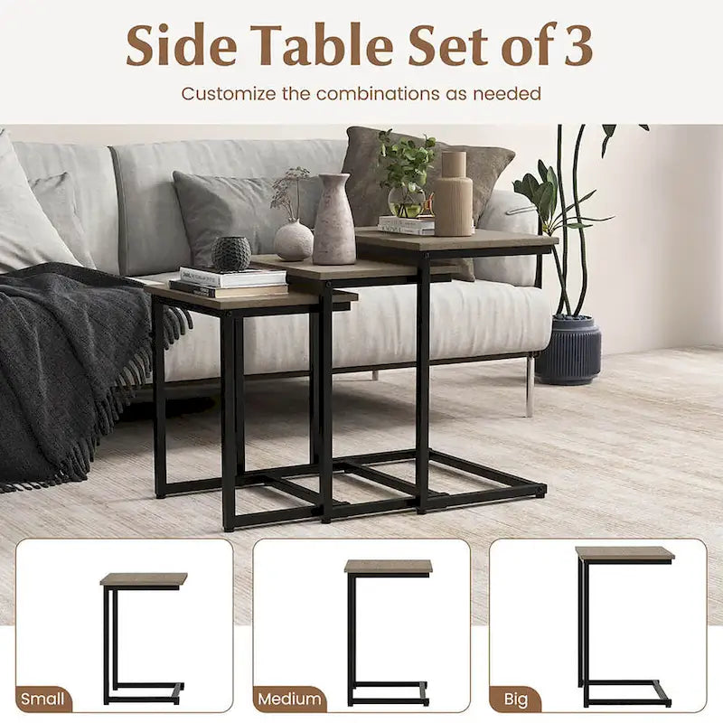 Lot de 3 tables d'appoint gigognes en forme de C, empilables, gris