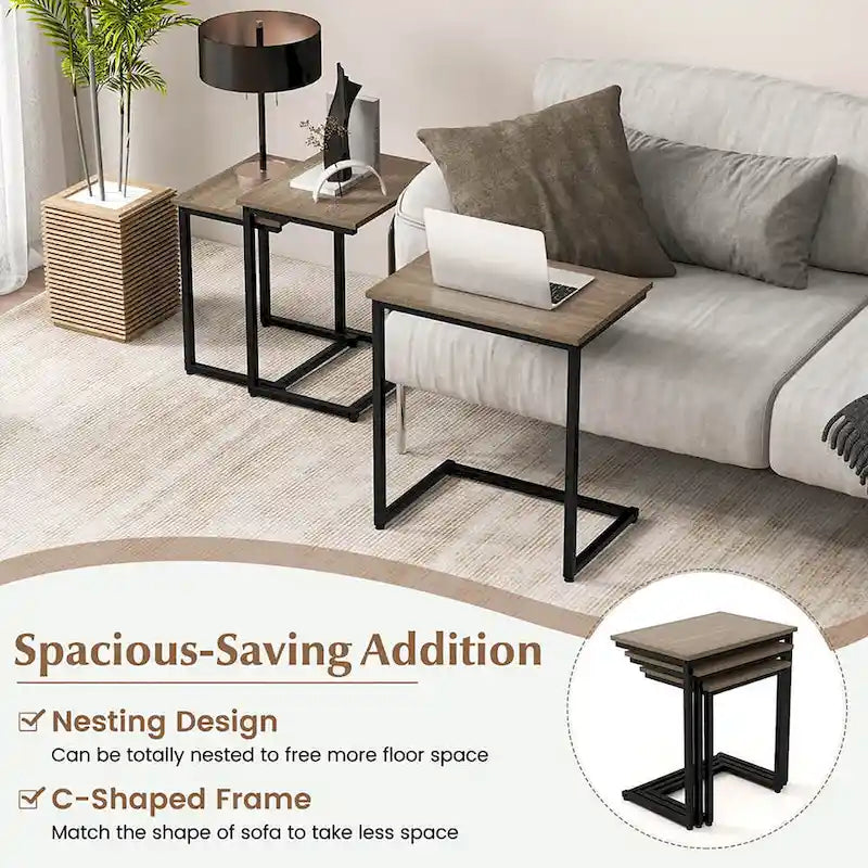 Lot de 3 tables d'appoint gigognes en forme de C, empilables, gris