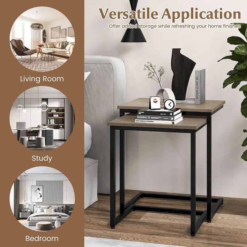 Lot de 3 tables d'appoint gigognes en forme de C, empilables, gris